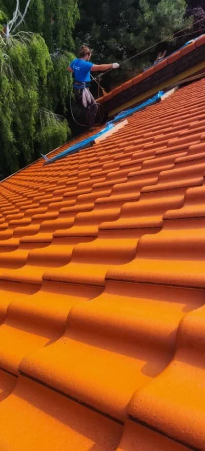Pracownik D-EX na linie maluje dach na pomarańczowo
